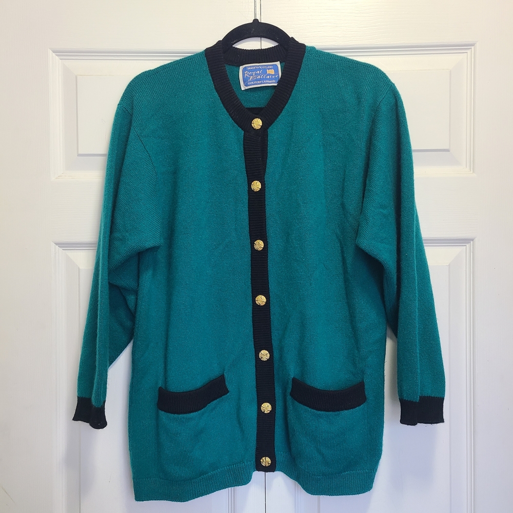 Vintage Royal Ballater 100%‎ Pure Cashmere Teal Cardigan Gold Buttons Black Trim